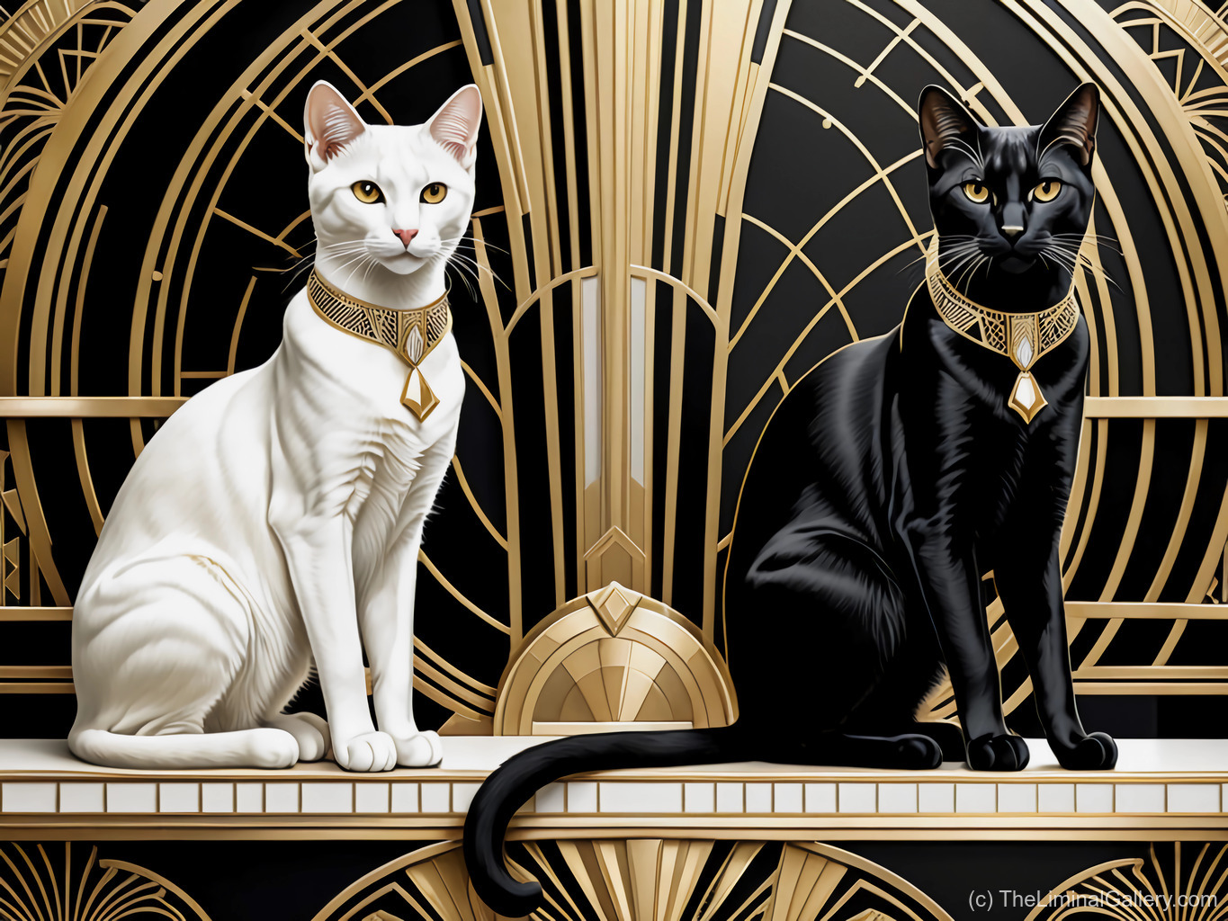 Stylized art deco cats featuring bold geometric designs in black and white, radiating a sense of mystery, elegance, and timeless sophistication.